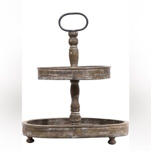 Two-Tier Wooden Tray Stand - Weathered Brown